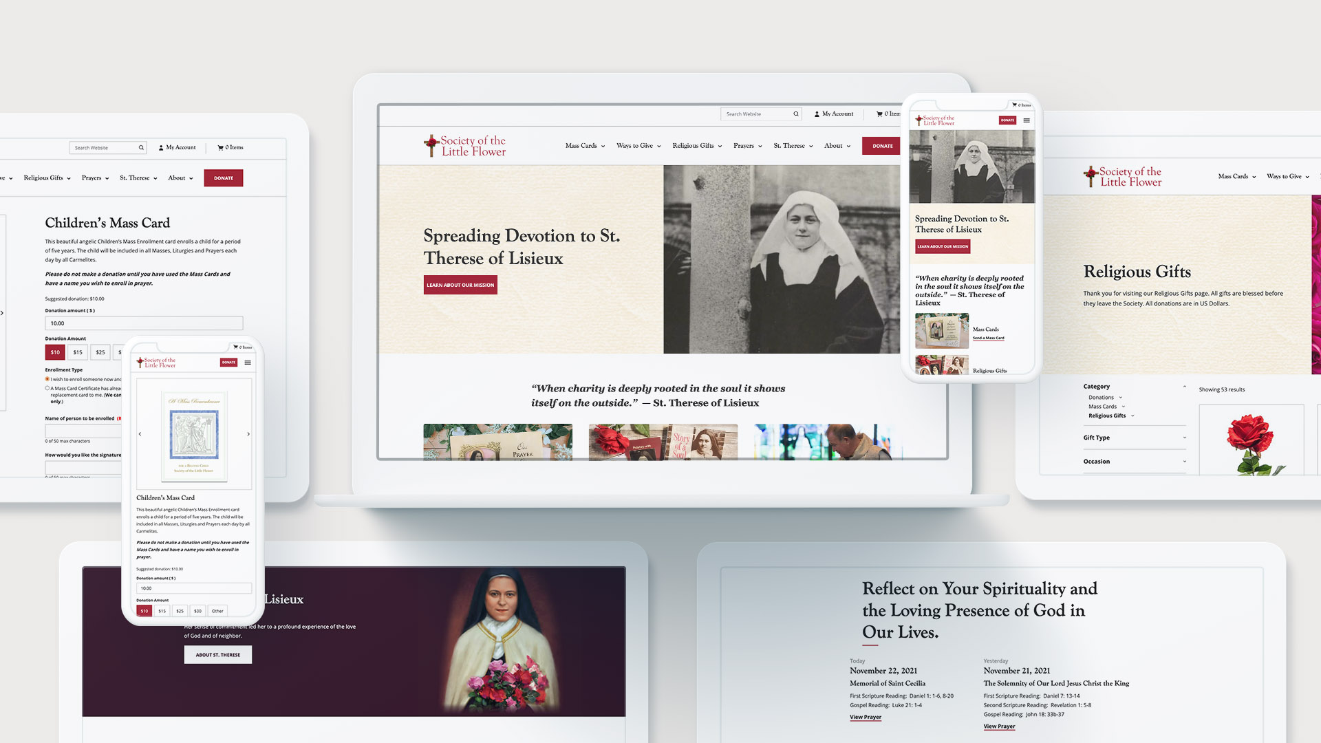 The Society of the Little Flower WordPress / WooCommerce NonProfit website redesign