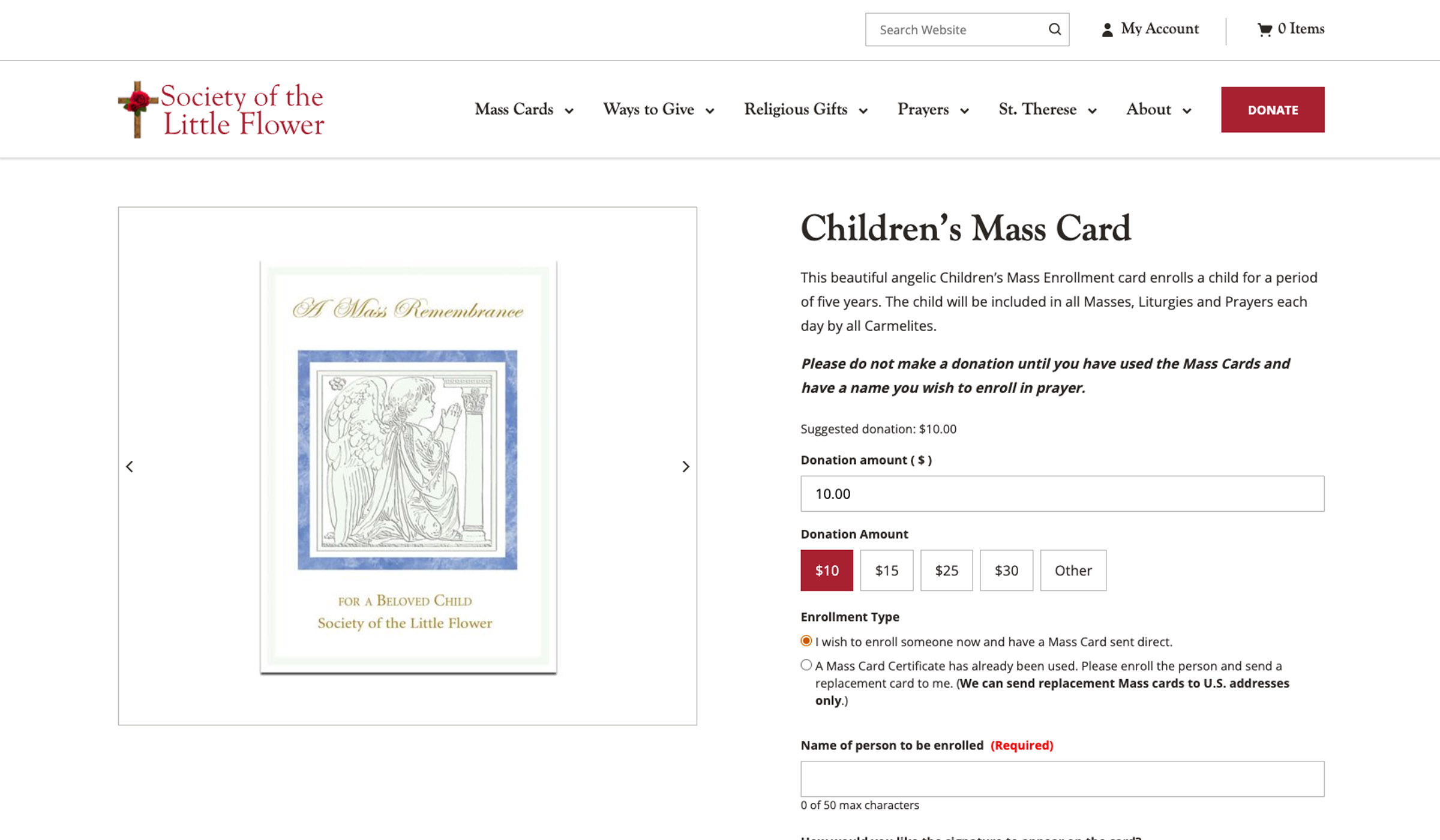 the Society of the Little Flower Mass Cards Functionality Rebuild