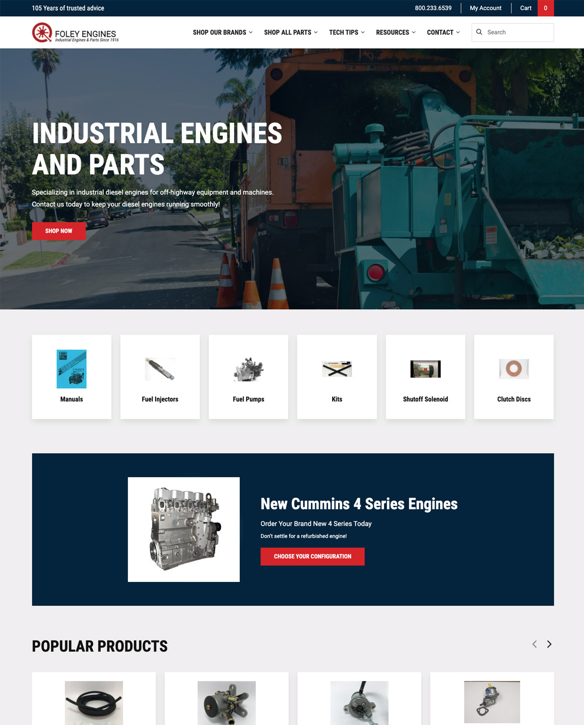 Foley Engines WordPress / WooCommerce Homepage Desktop Website Design