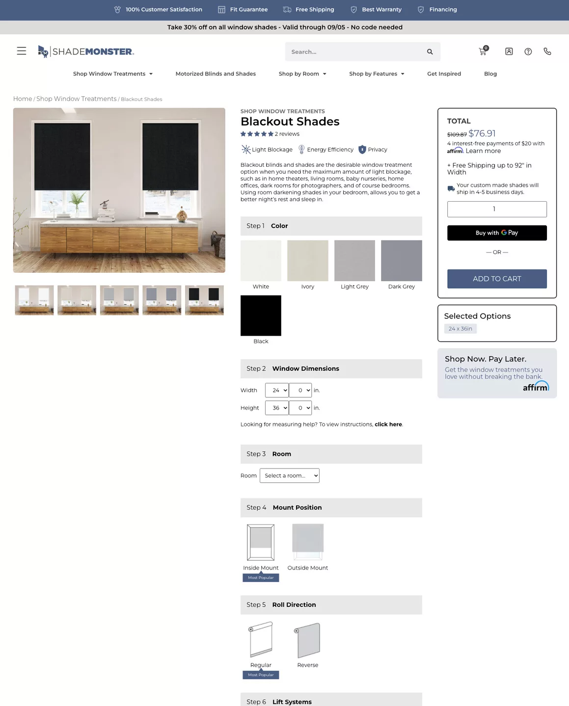 Shademonster Custom Blinds Desktop Webpage design